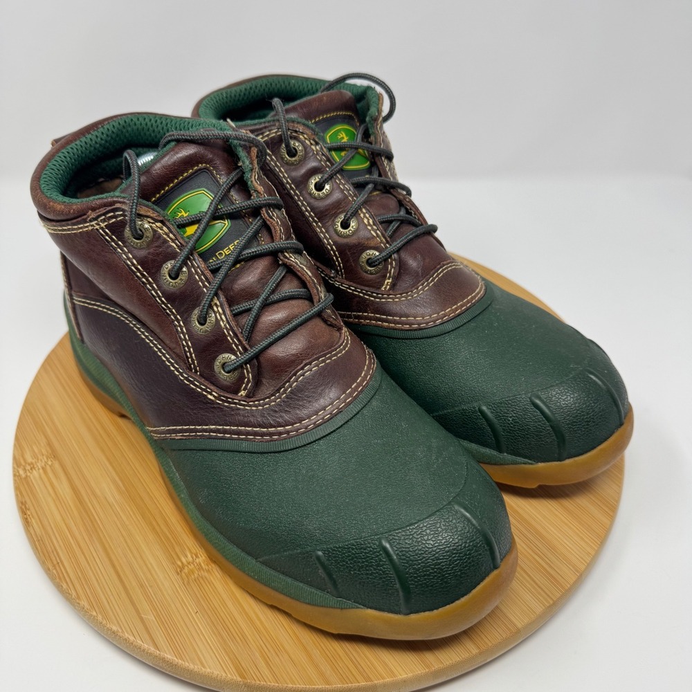John Deere Mens Leather Duck Boots Green Brown Lace Up Ankle JD3413 Size 10M‎